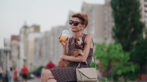 Eine ältere Frau ruht auf einer Bank an der Uferpromenade, eine Menschenmenge mit einem kleinen Dackelhund auf dem Arm und trinkt ein kaltes Getränk mit Eis und Stroh. Seniorin und Haustier in der Stadt trinken im Sommer Saft — Stockvideo