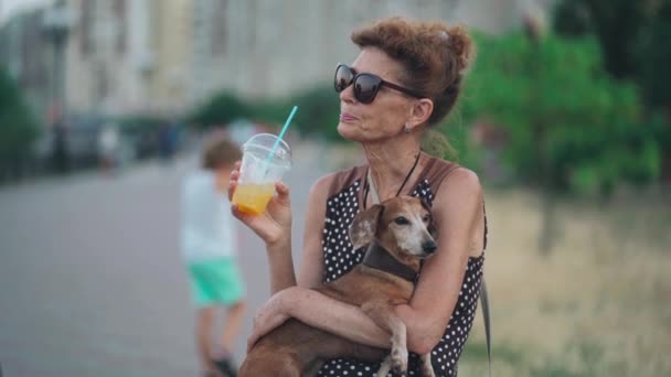 Wanita senior yang kesepian meminum jus dingin sambil duduk di bangku di kota dengan anjing kecil yang menggendong dachshund di lengannya. Perempuan tua minum minuman ringan dari cangkir jernih dengan jerami dengan hewan peliharaan di jalan setapak — Stok Video