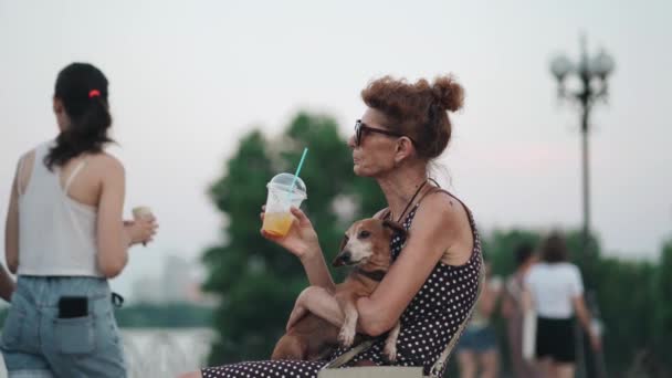 Wanita tua beristirahat di bangku di boardwalk dengan kerumunan orang dengan anjing kecil di lengannya dan minum minuman dingin dengan es dan jerami. Wanita senior dan hewan peliharaan di kota minum jus di musim panas — Stok Video