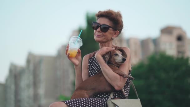 在城市里，一个孤独的老年妇女坐在长椅上喝着冷饮，怀里抱着一只小猎犬。年长的女性喝清澈的杯子里的软饮料，上面有稻草和宠物在木板路上 — 图库视频影像