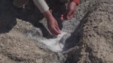 Konumuz jeoloji ve doğal kaynaklı kristaller ve kayaların araştırması. Erkek bir kaşif, Kıbrıs adasındaki Akdeniz kıyısındaki bir kayadan deniz tuzu örnekleri alıyor. Jeolog çalışıyor.