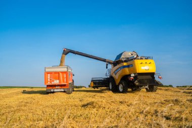 Yeni Hollanda Tarım sarısı, 25 Ağustos 2021 'de Fransa Bratny bölgesinde buğday hasadını birleştirdi. Buğday makası. Sahada birleşiyor. Avrupa 'da tarım temalı sanayi personeli.