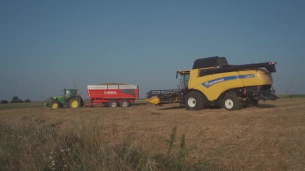 Nova Holanda Agricultura amarelo combina colheitas de trigo na região de Bratny França em agosto 25, 2021. Tesouras de trigo. Combina no campo. Pessoal industrial sobre um tema agrícola na Europa — Vídeo de Stock