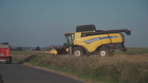 Новая Голландия CX8080 на поле в солнечный летний день Франция, область Бриттани 25 августа 2021 года. Желтый комбайн на зерновом поле. Летний сбор. Сбор урожая на зерновом поле. Новая Голландия — стоковое видео