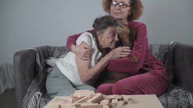 Yaşlı kadın ve yetişkin kızı dachshund köpeği ile birlikte evde vakit geçirip kulede tahta bloklar toplarlar. Jenga oyunu. Tema: Bunama ve Alzheimer.