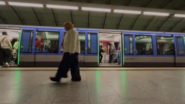 10 Kasım 2025. Münih, Almanya. Münih Odeonsplatz İstasyonu 'ndaki şehir metro sahnesinde mavi metro treni açık kapılarla, günlük şehir ulaşım hayatıyla durduğu sırada banliyö trenleri platformunda yürüyor.