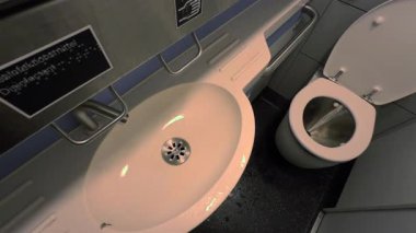 Almanya 'da şehirlerarası bir trende standart, ulaşılamaz bir tuvalet. Toplu taşıma tuvaletlerinin sıkıca, modern ve temiz iç kısımlarını vurgular.