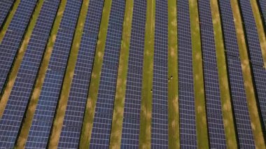 Fotovoltaik panellerle temiz ve yenilenebilir enerji üreten büyük güneş enerjisi çiftliğinin havadan görünüşü. Yeşil teknoloji kavramı, sürdürülebilir kalkınma ve çevre dostu elektrik üretimi