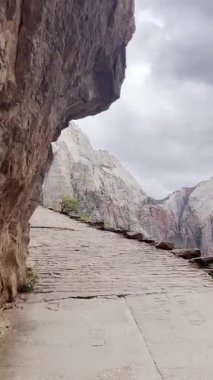 Utah 'taki Zion Ulusal Parkı' nda Batı Şeridi boyunca dikey görüntüler var. Uçurumun altında asfaltlı bir yol, Virgin Nehri 'nin olduğu geniş bir vadi ve devasa kumtaşı kayalıkları gösteriyor..