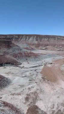 Bu dikey yavaş tava, Arizona 'daki Taşlaşmış Orman Ulusal Parkı' ndaki Boyalı Çöl 'ün geniş renkli manzarasını gözler önüne seriyor. Canlı çorak topraklar açık mavi bir gökyüzünün altında kurulmuştur..