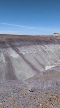 Bu dikey yavaş tava, Arizona 'daki Taşlaşmış Orman Ulusal Parkı' ndaki Boyalı Çöl 'ün geniş renkli manzarasını gözler önüne seriyor. Canlı çorak topraklar açık mavi bir gökyüzünün altında kurulmuştur..