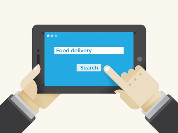Руки бізнесмена, що тримають цифровий інтернет-планшет з веб-пошуковою коробкою на екрані. Шукаю доставку їжі. Ідея - Послуги доставки їжі, Кафе, Ресторани, Бізнес обід, Технології для бізнесу . — стоковий вектор