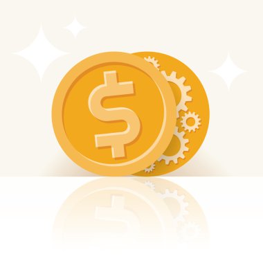 Mekanizma dişlileriyle soyut bir dolar sikkesi. Fikir - İş Süreci, Para Yapımı, Planlama, Yönetim, Yatırım, Büyüme, Başarı vs..