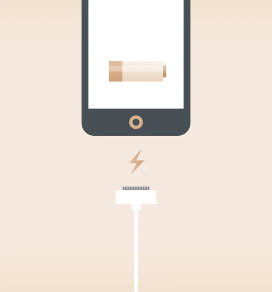 Power charge processen med en mobiltelefon med laddningskabel och batteri på skärmen — Stock vektor