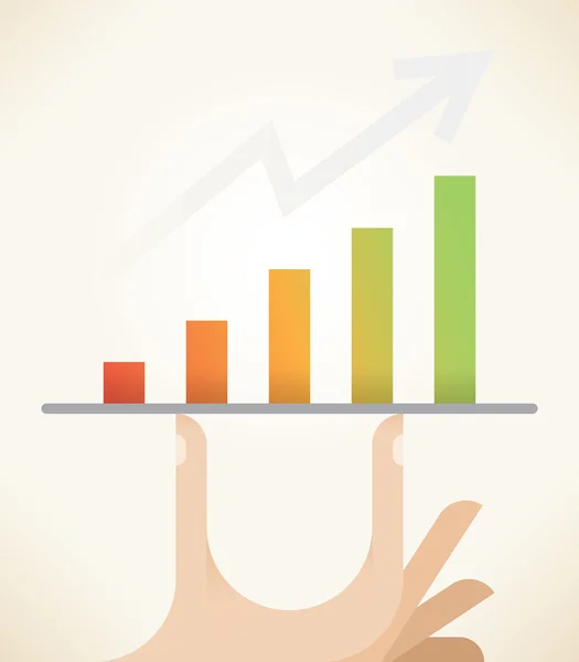 Abstrakta vektorillustration av affärsmannen hand hålla serveringsbricka med tillväxt diagram och växande pilsymbol. Idé - affärsvinster, framgångsrika förhandlingar resultat, företagets tillväxt, ledarskap, affärslunch. — Stock vektor