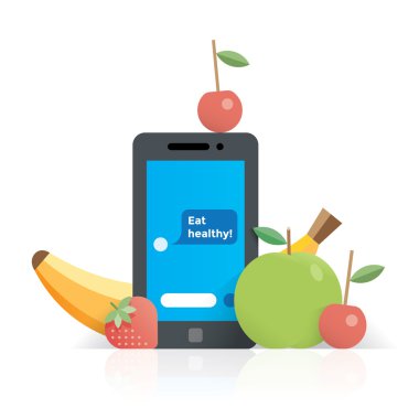 Hareket eden telefon ile sohbet iletisi Eat sağlıklı! meyve - muz, çilek, elma ve kiraz ile ekran ayakta. Fikir - teknoloji ve sağlıklı yaşam tarzı, vejetaryen ve ham organik gıda online sipariş ve teslimat, sağlık ve güzellik.