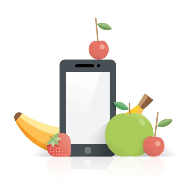 Telefono cellulare con schermo chiaro che sta con frutta - banana, fragola, mela e ciliegia. Idea Tecnologia e stile di vita sano, Cibo biologico vegetariano e crudo ordine online e consegna, Salute e bellezza. Con spazio di copia per il testo . — Vettoriale Stock