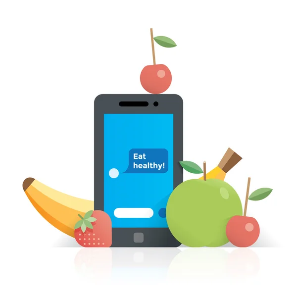 Mobiltelefon med chattmeddelande äta hälsosamt! på skärmen står med frukt - banan, jordgubb, äpple och körsbär. Idé - teknik och hälsosam livsstil, Vegetarisk och raw ekologisk mat online beställning och leverans, hälsa och skönhet. — Stock vektor