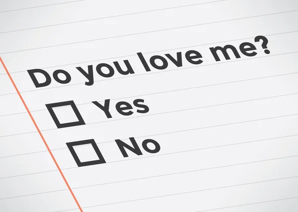 Hou je van me? tekst op de pagina van het Kladblok met ongecontroleerde checkboxes. Idee - liefde en relaties, verklaring van de liefde. — Stockvector