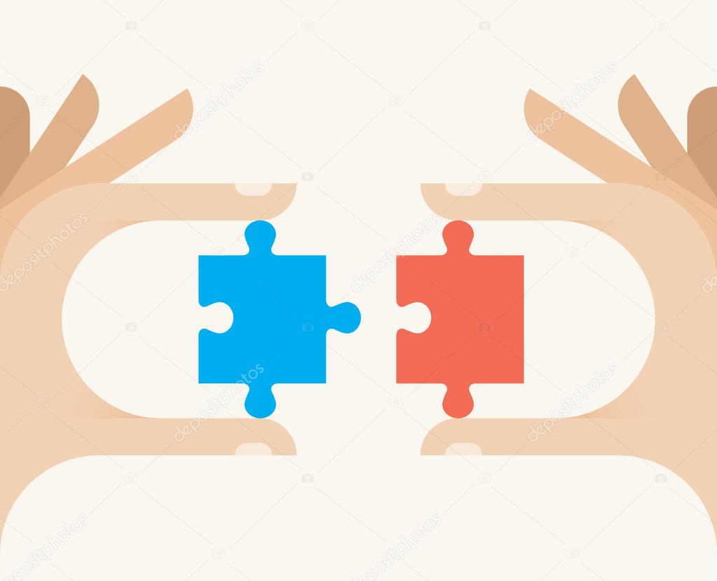 Human hands putting puzzle mosaic pieces together. Idea - business elements, stages and goals, management, mergence, amalgamation of companies, success and luck, startup business concepts.