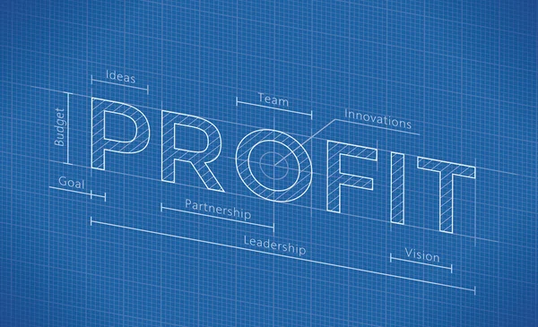 Profit abstract business blueprint,  company success components: Budget, Goal, Ideas, Partnership, Team, Leadership, Vision, Innovations. Concepts: management, planning, organization, making money etc — Stock Vector