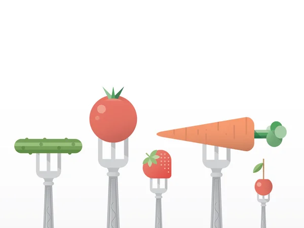 Coma saudável! Pepino, tomate, morango, cenoura e cereja em garfos . — Vetor de Stock