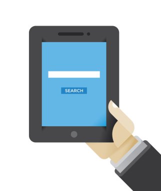 İnternet araması (Google, Bing, Yahoo, Yandex) sayfası iş adamının elinde tablet bilgisayarında. Konseptler: iş için mobil hizmetler, çevrimiçi alışveriş, ürün bulma, ürün bulma. Metnin için boşluk ile.