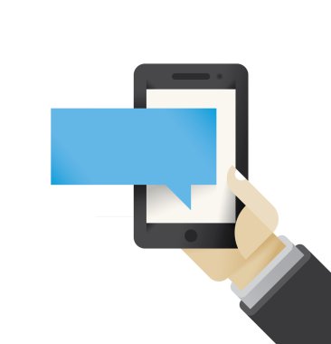 İş adamı elinde cep telefonu ve konuşma balonu ikonu tutuyor. Mesajın için yer aç. Sosyal medya (Facebook, Twitter, Instagram, Whatsapp) çevrimiçi sohbet mesajları, blog yazarları, blog yazarları, reklam kavramları