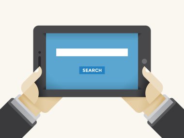 İnternet araması (Google, Bing, Yahoo, Yandex) sayfası iş adamının elinde tablet bilgisayarında. Konseptler: iş için mobil hizmetler, çevrimiçi alışveriş, ürün bulma, ürün bulma. Metnin için boşluk ile.
