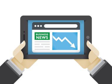 İşadamı ya da tüccarın tablet bilgisayarda el ele tutuşması dünya finans haberlerinde durgunluk grafiği. Konseptler: Dünya piyasası krizi, başarısızlık, ekonomi finans, çevrimiçi iş dergisi
