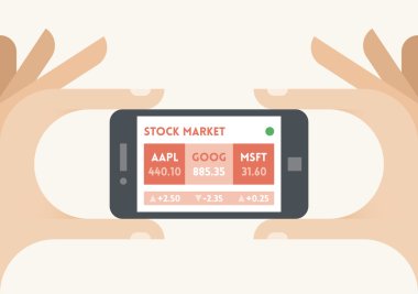 Mobile smartphone with US stock market company shares finance indices (Apple, Google, Microsoft) ticker in businessman hands. Concepts: trading technologies, analysis, applications, programs, traders, apps, selling, buying
