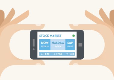 ABD borsa endeksli cep telefonu (Dow Jones, NASDAQ ve S & P) iş adamlarının elinde. Konseptler: ticaret teknolojileri, analizler, uygulamalar, programlar, tüccarlar, uygulamalar, satış, satın alma