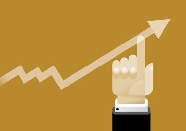 İş adamı, büyüyen iş dünyası grafik okunu kaldırıyor. Kavramlar: susiness success, Company profit, management, organizasyon, leader, raise, gelistirme, planlama, amaç, strateji, way