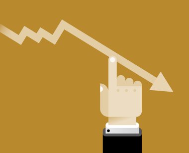 Düşen iş grafiği oku iş adamının elinden aşağı iniyor. Konseptler: Kontrol edilebilir mali kriz, başarısızlık, durgunluk, iflas, enflasyon, kötü yönetim, şirket, ekonomi sorunları, fiyatlar.