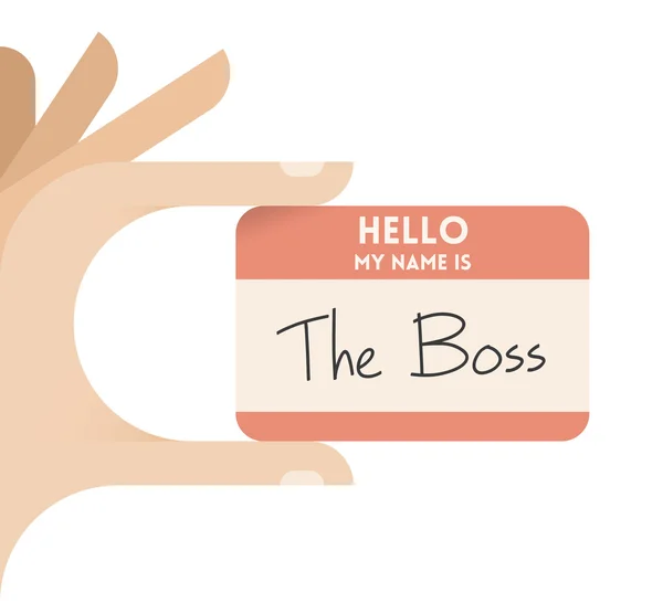 Bonjour, je m'appelle The Boss. Homme d'affaires tenant à la main une carte de visite avec texte. Concepts : emploi, recrutement, emplois, carrière, introduction, direction d'entreprise, succès, start-up — Image vectorielle
