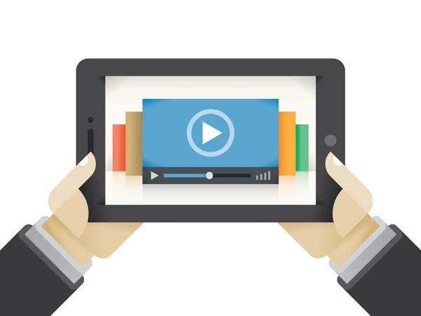 Online videoservice (Youtube enz.) verzameling van films op tablet in menselijke handen — Stockvector