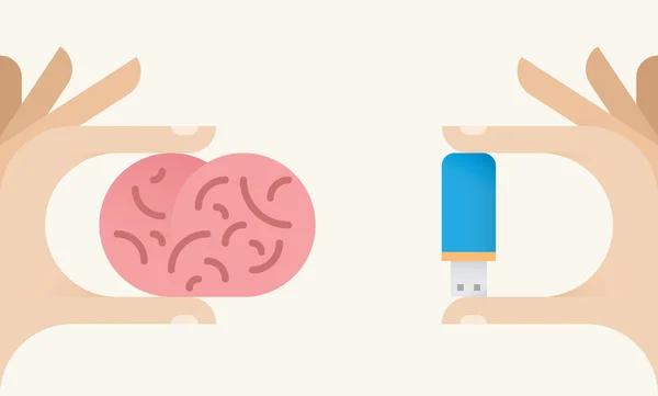 Main avec cerveau humain et clé USB. Concepts : comparaison de la mémoire cérébrale et de la mémoire numérique informatique, capacité, nouvelles technologies, substituts, potentiel humain vs capacité informatique — Image vectorielle