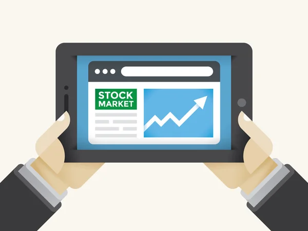 Market (New York Stock Exchange) Informationswachstumsdiagramm im Geschäftsmann oder Händler, der die Hände auf dem Tablet-Computer hält. Konzepte: Wall Street, Handel, Erfolg, Finanzkarriere, Online-Wirtschaftsmagazine — Stockvektor