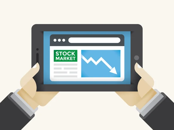 New York Stock Exchange market information recession graph in Businessman or trader holding hands on tablet computer. Concepts: Wall street, trading, economy financial crisis, online business magazine — Stock Vector