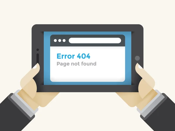 Browser Error 404 Page not found tablet computer screen in businessman hands. Concepts: users, Google search, Failed connection; Web server problem; low Internet speed; Chrome, Mozilla Firefox, Opera — Stock Vector