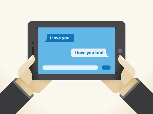 Je vous aime messages SMS écran de chat. Un homme tenant une tablette. Concepts : Réseaux sociaux, en ligne (Facebook Messenger, WhatsApp, Twitter) amitié internet, web dating, recherche de partenaires — Image vectorielle