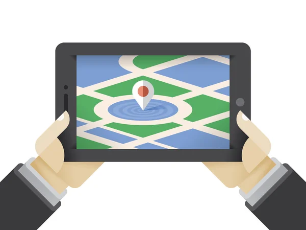 Wyświetlacz programu nawigacyjnego (Google Maps) na tablecie w rękach turystów, symbol ikony wskaźnika mapy pokazujący adres lokalizacji Pojęcia: aplikacje GPS, podróże, wakacje, turystyka — Wektor stockowy