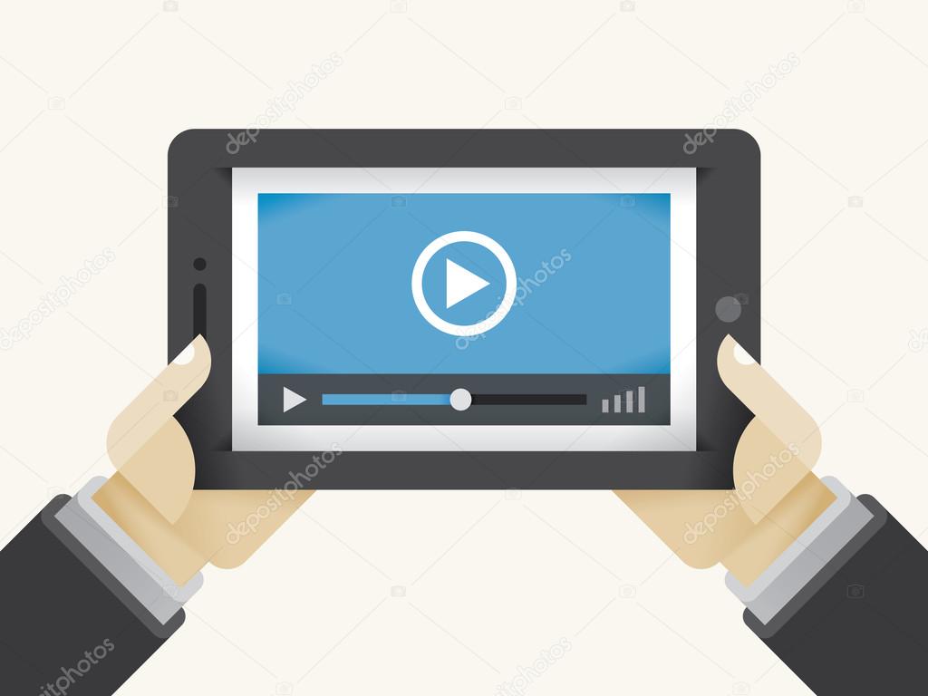 Video movie player on tablet computer in holding human hands. Concepts: streaming technologies, services (Youtube, Netflix), home films media collection, video sharing (Instagram, Facebook), online TV broadcasting