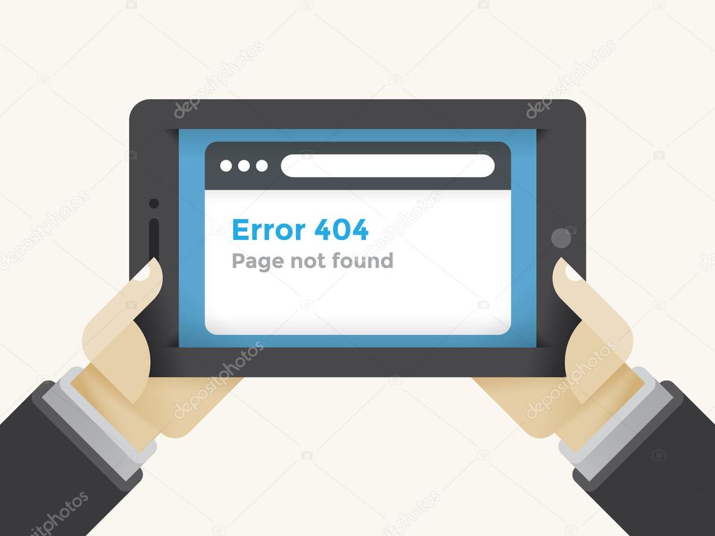 Browser Error 404 Page not found tablet computer screen in businessman hands. Concepts: users, Google search, Failed connection; Web server problem; low Internet speed; Chrome, Mozilla Firefox, Opera