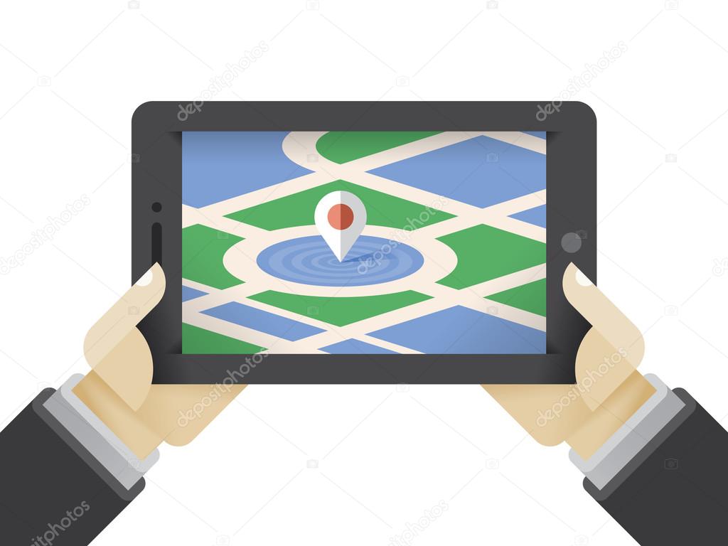 Navigation (Google maps) application program screen on tablet computer in tourist hands, map pin pointer icon symbol showing location address Concepts: GPS technology apps, travel, holidays, tourism