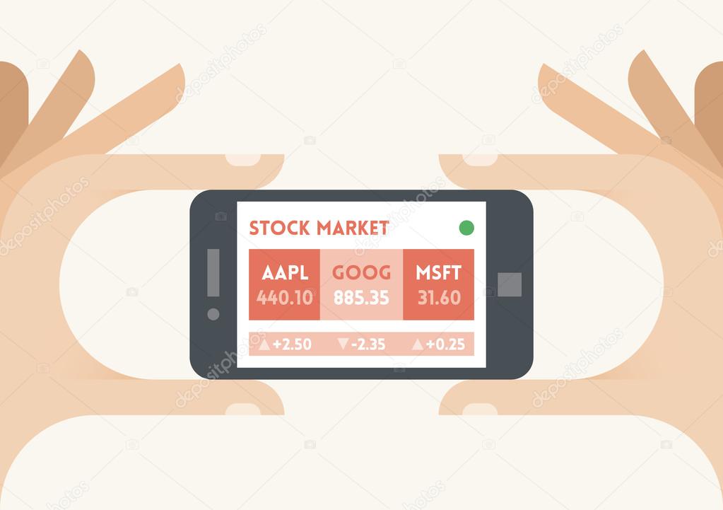 Mobile smartphone with US stock market company shares finance indices (Apple, Google, Microsoft) ticker in businessman hands. Concepts: trading technologies, analysis, applications, programs, traders, apps, selling, buying