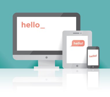 Masaüstü bilgisayarı, internet tablet cep telefonu ve Hello! metin ekranı. Konseptler: sosyal medya ağları (Facebook, Twitter, Whatsapp), çevrimiçi sohbet mesajları, platformlar arası aygıtlar geliştirme programı