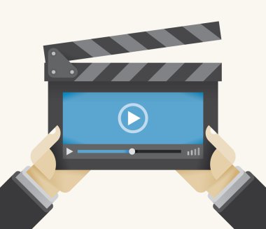 Yönetmenin elinde soyut video oynatıcı penceresi olan el çırpma tahtası. Konseptler: Çevrimiçi filmler, Youtube, Instagram, Bulut bilgisayar filmleri veritabanı, Mobil yayınlama, Reklam, Reklam.