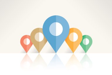 Navigasyon (Google Maps vs.) uygulama programı pin işaretleyicileri. Konseptler: GPS, kartografi sembolleri, seyahat, işaretler, turistlerin ünlü mekanları, turizm, adres, ulaşım konumu işaretleyicileri