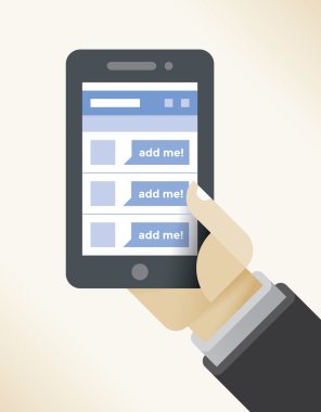 Beni arkadaş olarak ekle! Sosyal medya ağı profilinde iş bağlantıları olan cep telefonlu bir iş adamı. (Facebook vs.) internet sayfası.